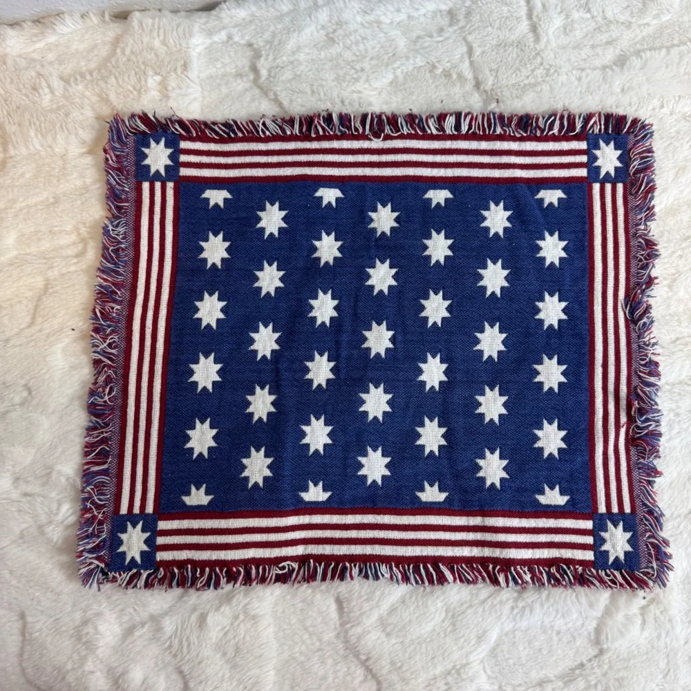 Vintage Americana Star Stripes Woven Fringed Placemats Set of 2 Red White Blue